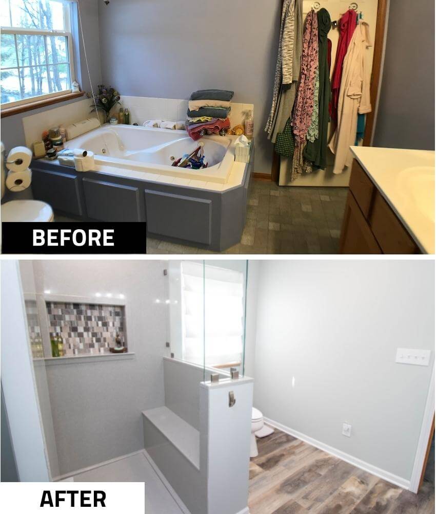 before and after bathroom renovation removing tub for custom shower by Odd Fellows Contracting in Laingsburg, MI