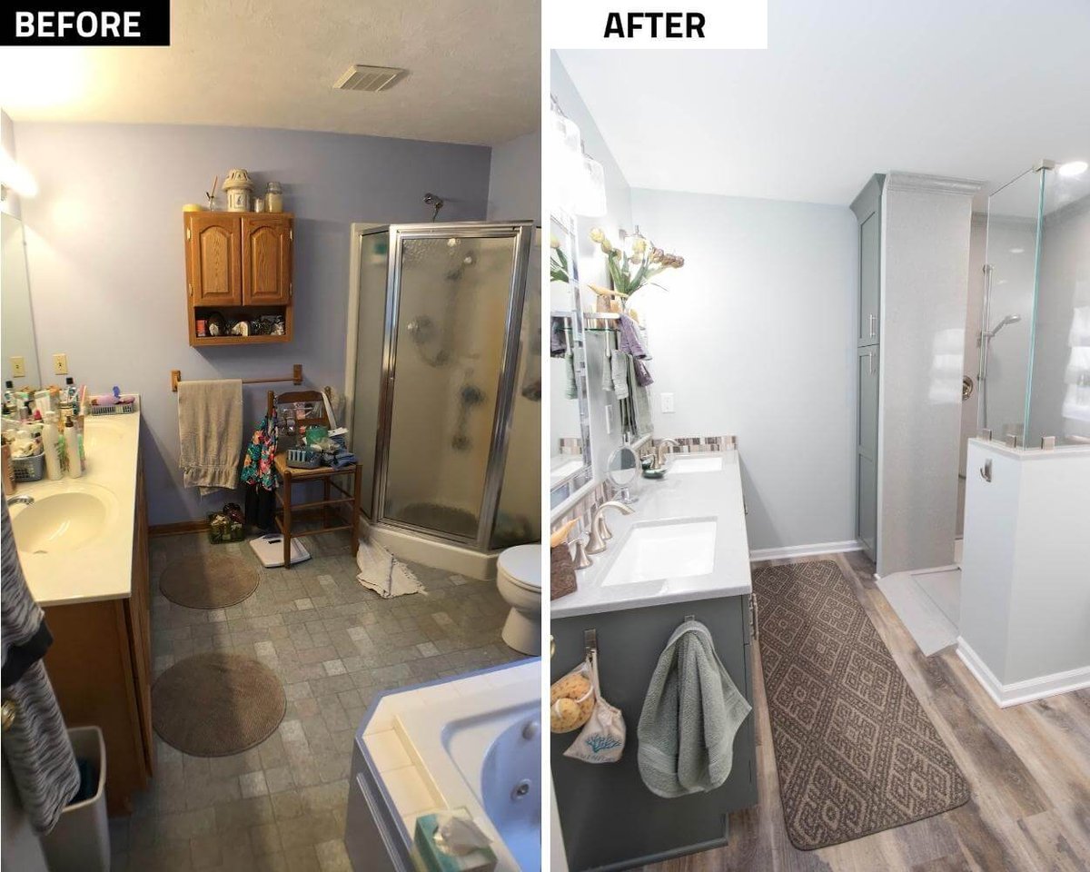 before and after bathroom renovation showing new vanity and walk-in shower by Odd Fellows Contracting in Laingsburg, MI