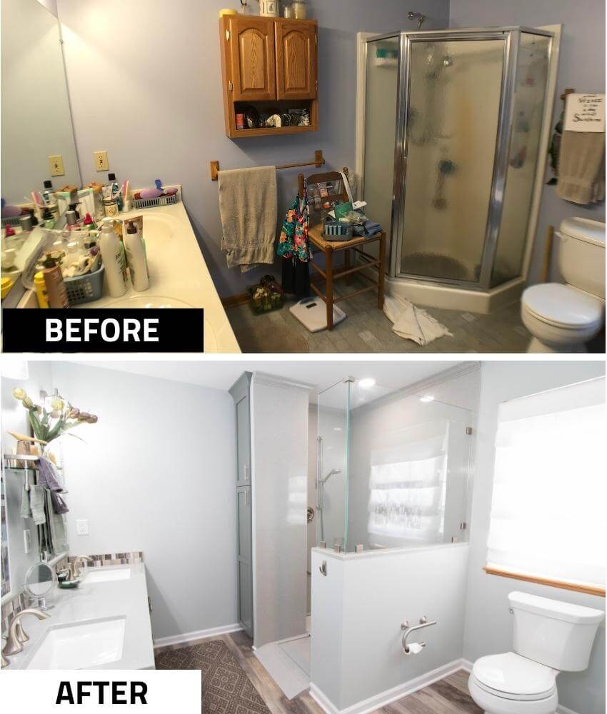 before and after bathroom renovation with new walk-in shower and vanity by Odd Fellows Contracting in Laingsburg, MI