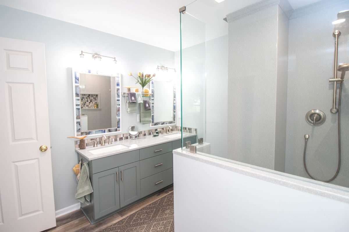 finished bathroom remodel with double vanity and custom shower by Odd Fellows Contracting in Laingsburg, MI