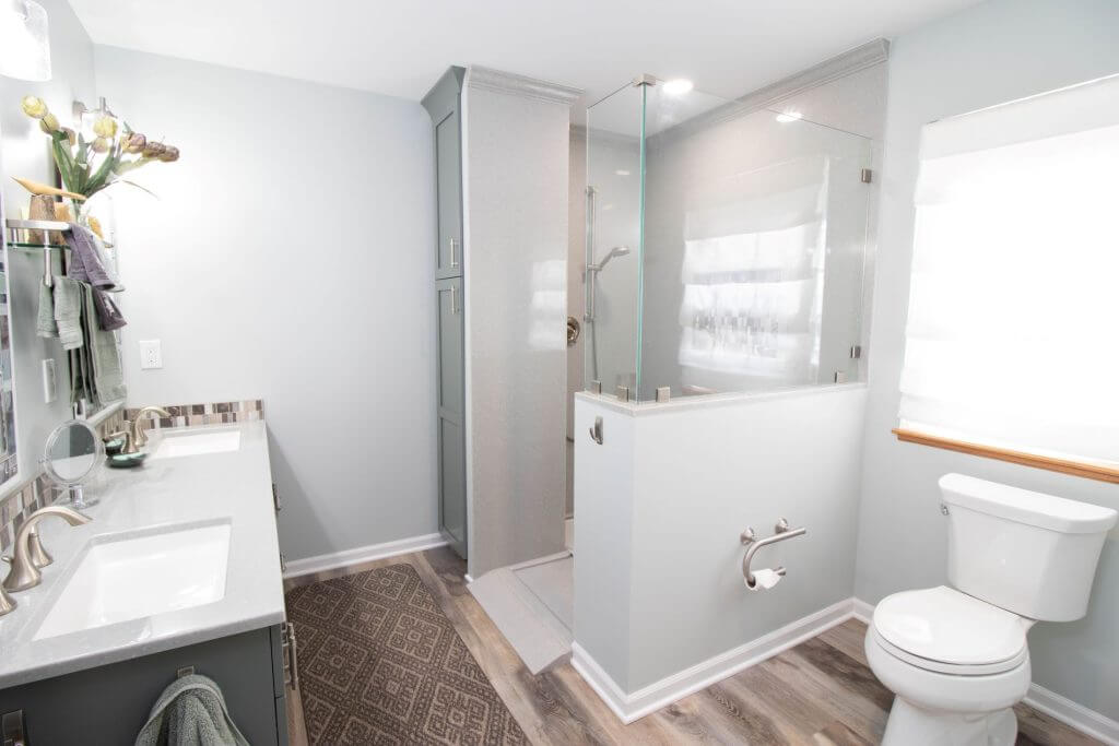 finished shower installation during bathroom remodel in Laingsburg, MI by Odd Fellows Contracting