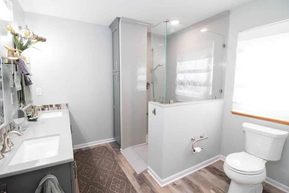 finished shower installation during bathroom remodel in Laingsburg, MI by Odd Fellows Contracting