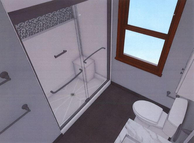 3D bathroom remodel concept with accessible shower by Odd Fellows Contracting in Okemos, MI
