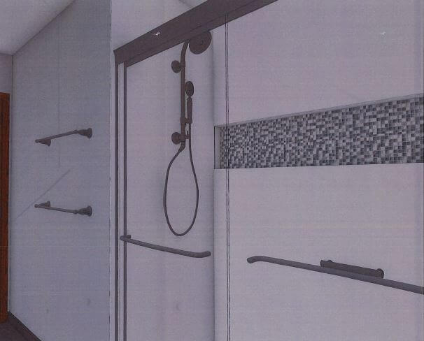 3D rendering of custom walk-in shower design for bathroom remodel by Odd Fellows Contracting in Okemos, MI