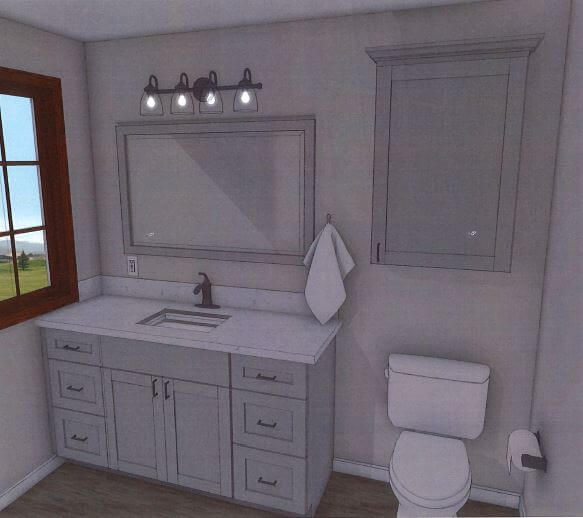 3D bathroom renovation rendering with custom vanity and mirror lighting by Odd Fellows Contracting in Williamston, MI