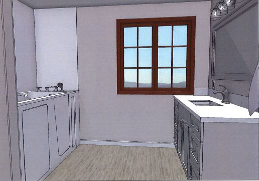 3D rendering of planned bathroom remodel with vanity and storage cabinets by Odd Fellows Contracting in Williamston, MI