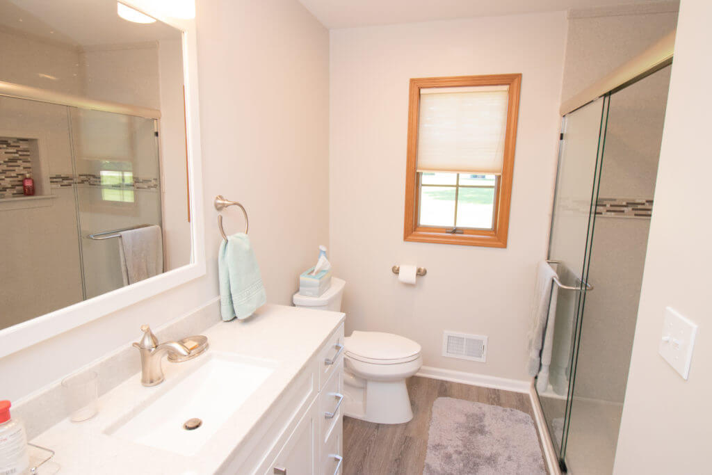 Renovated bathroom featuring custom vanity and walk-in shower by Odd Fellows Contracting in Williamston, MI