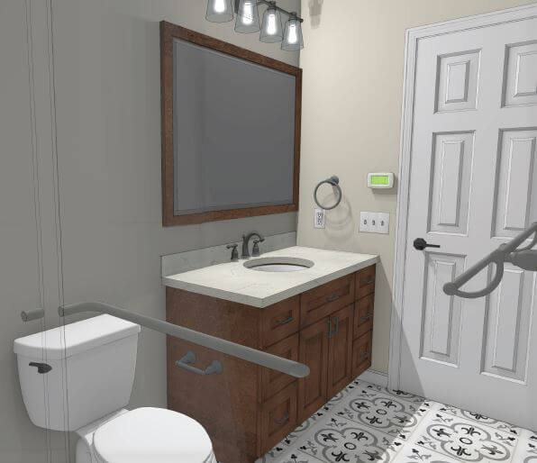 3D bathroom remodel rendering of vanity area with patterned floor tile and modern lighting by Odd Fellows Contracting in Williamston, MI