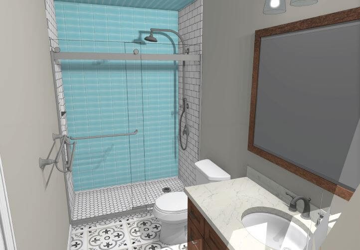 3D bathroom remodel rendering with walk in shower and decorative tile flooring design by Odd Fellows Contracting in Williamston, MI