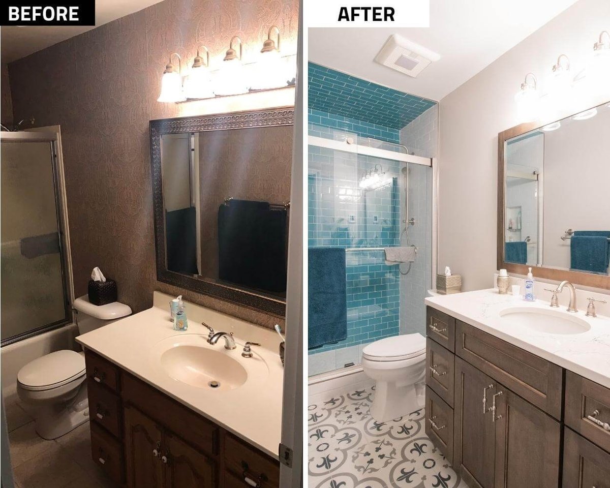 before and after bathroom remodel transformation with updated blue tile shower and quartz vanity by Odd Fellows Contracting in Williamston, MI