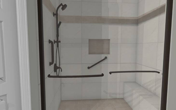 3D bathroom remodel rendering with accessible walk in shower and tile surround design by Odd Fellows Contracting in Webberville, MI