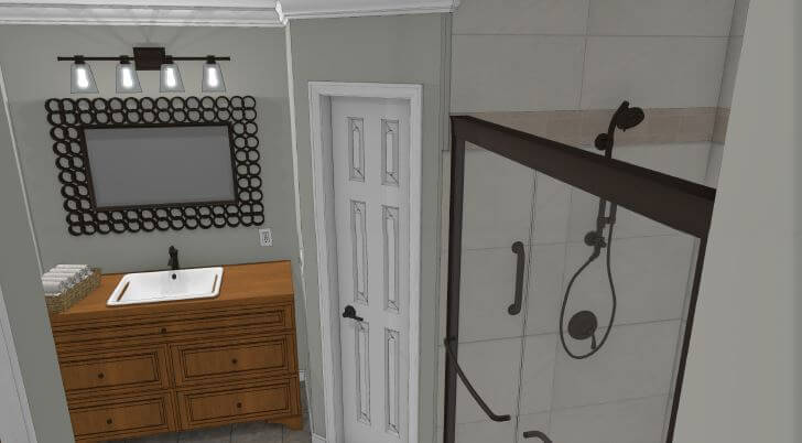 3D bathroom renovation rendering featuring dresser style vanity and glass walk in shower by Odd Fellows Contracting in Webberville, MI