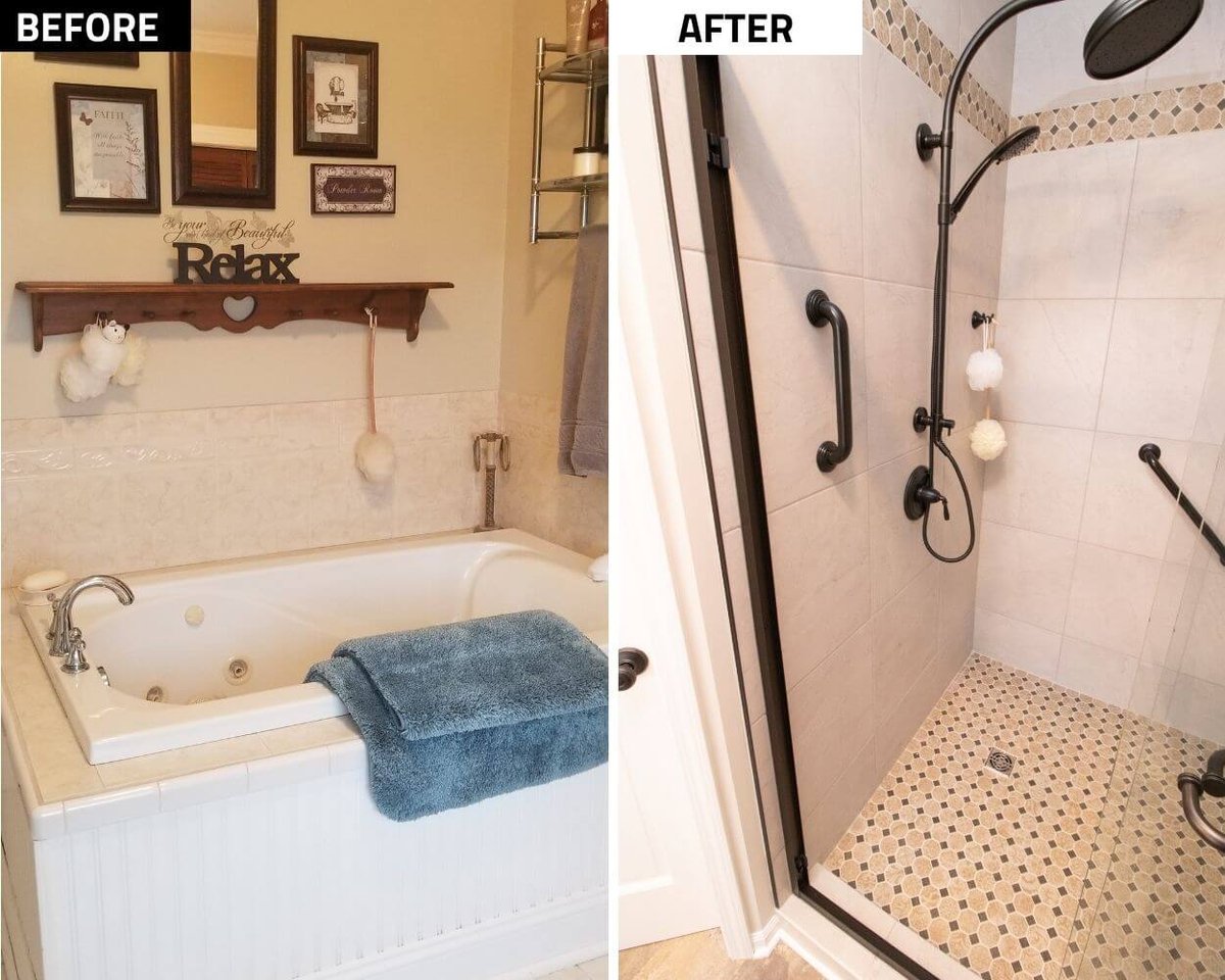 before and after bathroom remodel converting large soaking tub into walk in tile shower by Odd Fellows Contracting in Webberville, MI