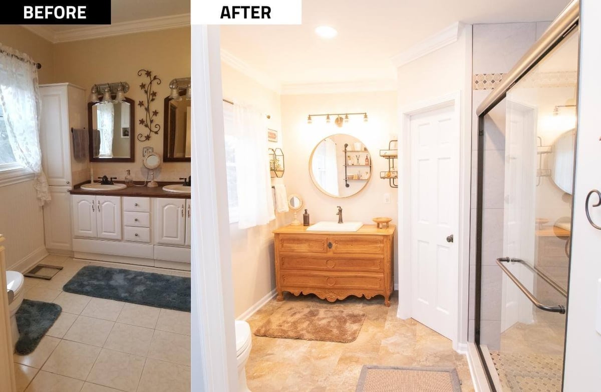 before and after bathroom remodel featuring updated vanity area and glass walk in shower by Odd Fellows Contracting in Webberville, MI