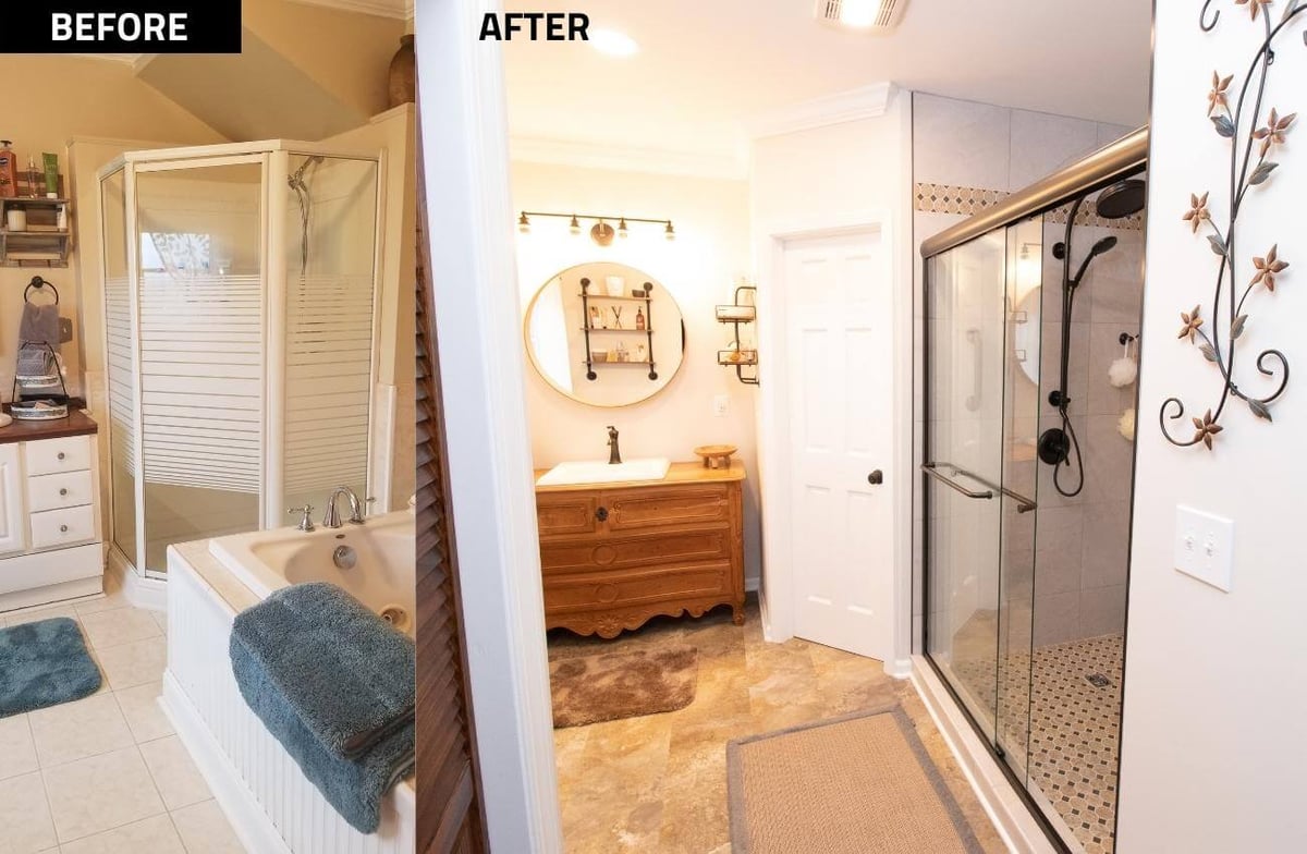 before and after bathroom remodel replacing corner shower and tub with custom glass walk in shower by Odd Fellows Contracting in Webberville, MI