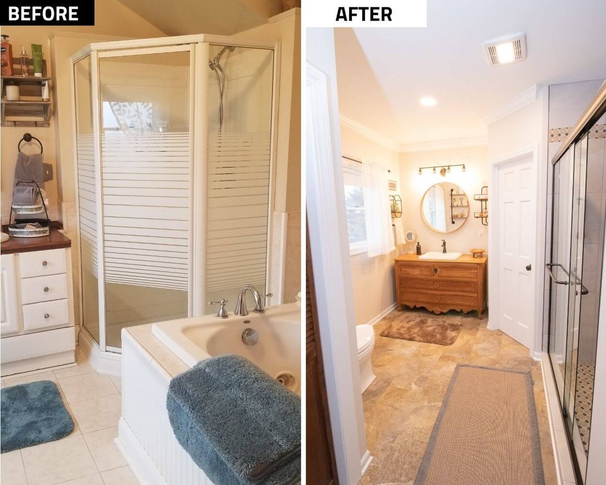before and after bathroom remodel replacing corner shower and tub with modern walk in shower by Odd Fellows Contracting in Webberville, MI