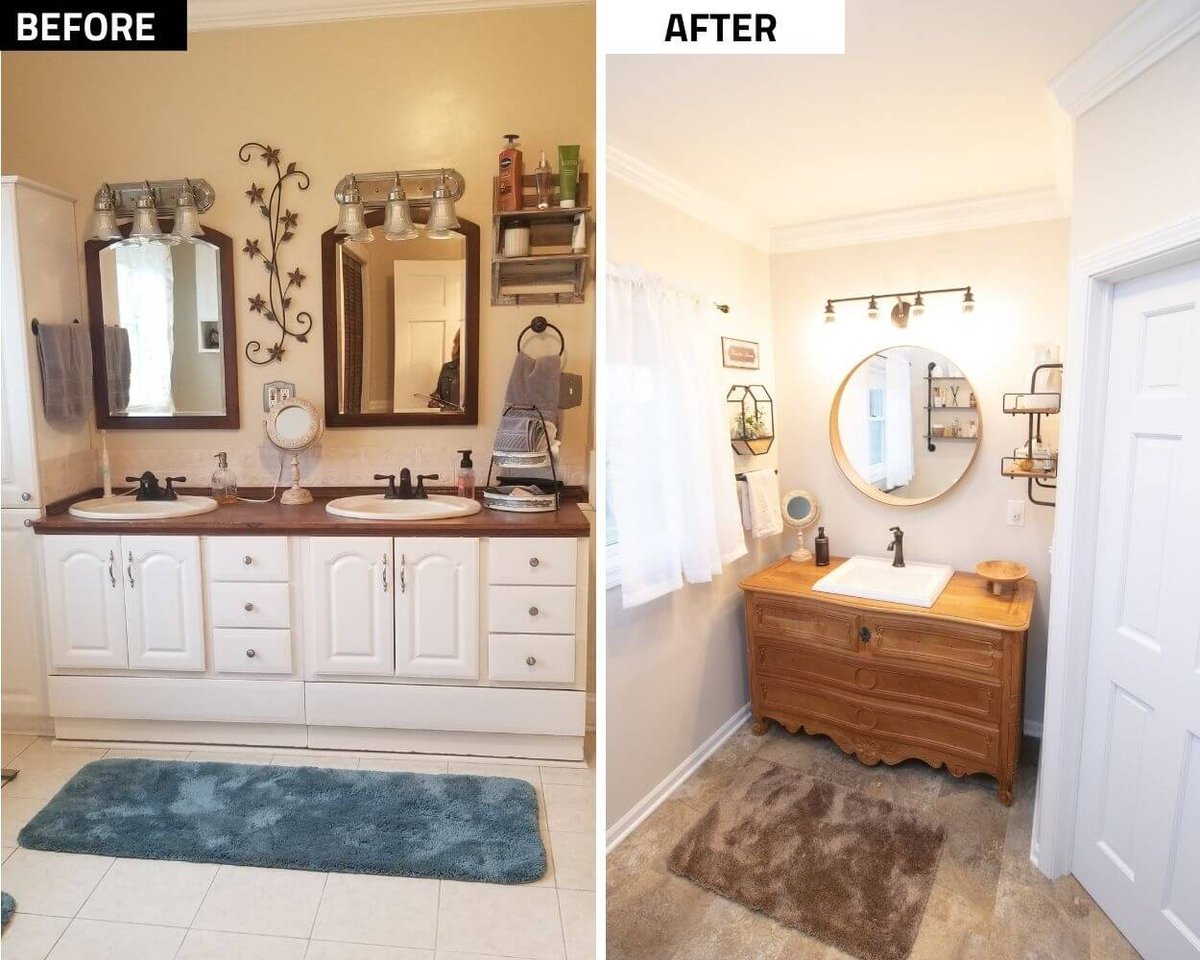 before and after bathroom remodel showing updated vanity with round mirror and modern lighting by Odd Fellows Contracting in Webberville, MI