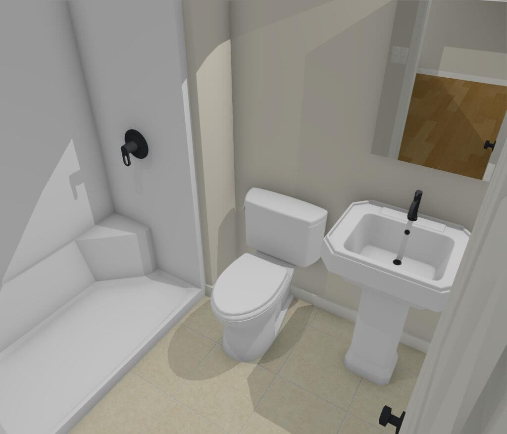 3D bathroom addition rendering with shower, toilet, and pedestal sink designed by Odd Fellows Contracting in Haslett, MI