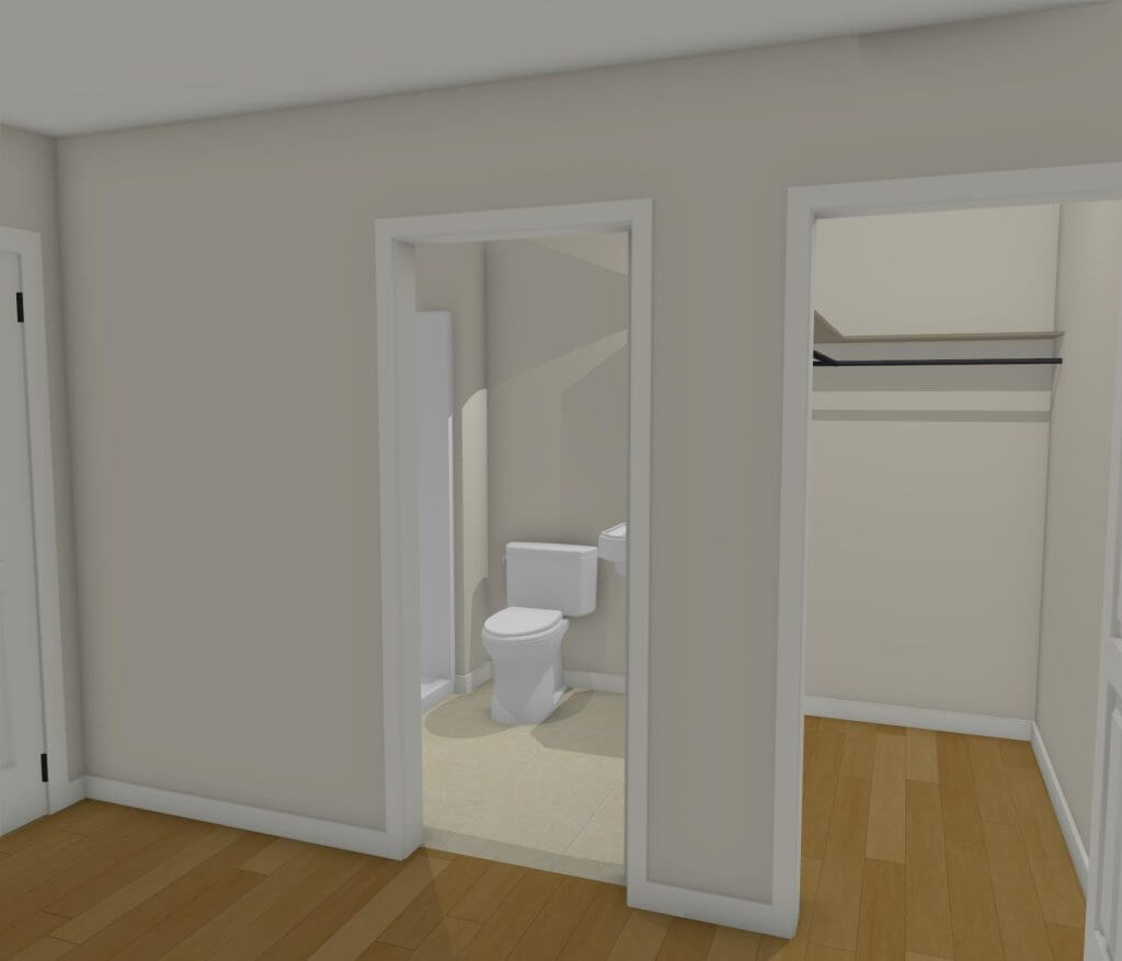 3D design rendering of planned bathroom addition and closet layout by Odd Fellows Contracting in Haslett, MI
