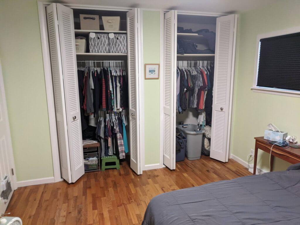 Bedroom closets before renovation prior to bathroom addition project by Odd Fellows Contracting in Haslett, MI
