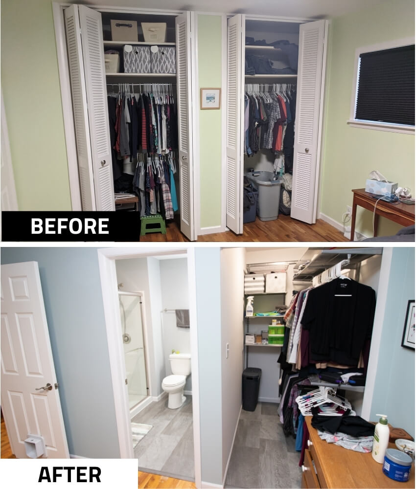Before and after bedroom closet conversion to bathroom and walk-in closet during bathroom addition by Odd Fellows Contracting in Haslett, MI