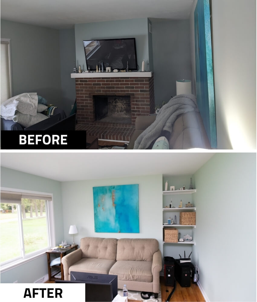 Before and after living room transformation during bathroom addition project by Odd Fellows Contracting in Haslett, MI showing fireplace wall replaced with seating area and built-in shelving