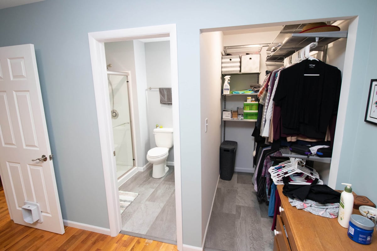 Finished bathroom addition with adjacent walk-in closet created by Odd Fellows Contracting in Haslett, MI)
