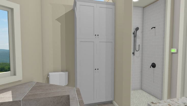 3D bathroom remodel rendering showing shower and storage layout by Odd Fellows Contracting Mason MI
