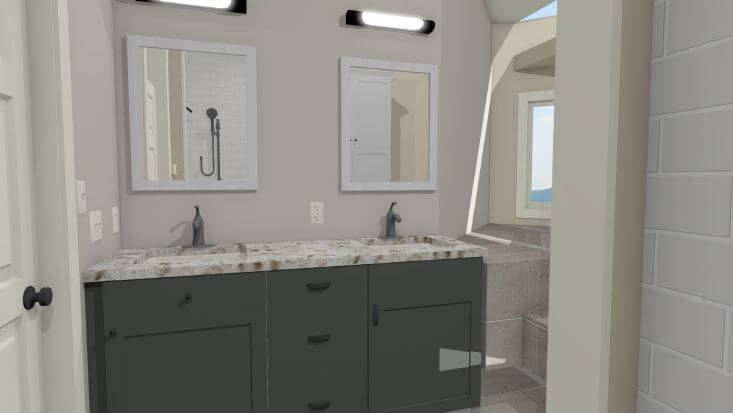 3D design rendering of bathroom remodel with vanity and tub by Odd Fellows Contracting in Mason MI