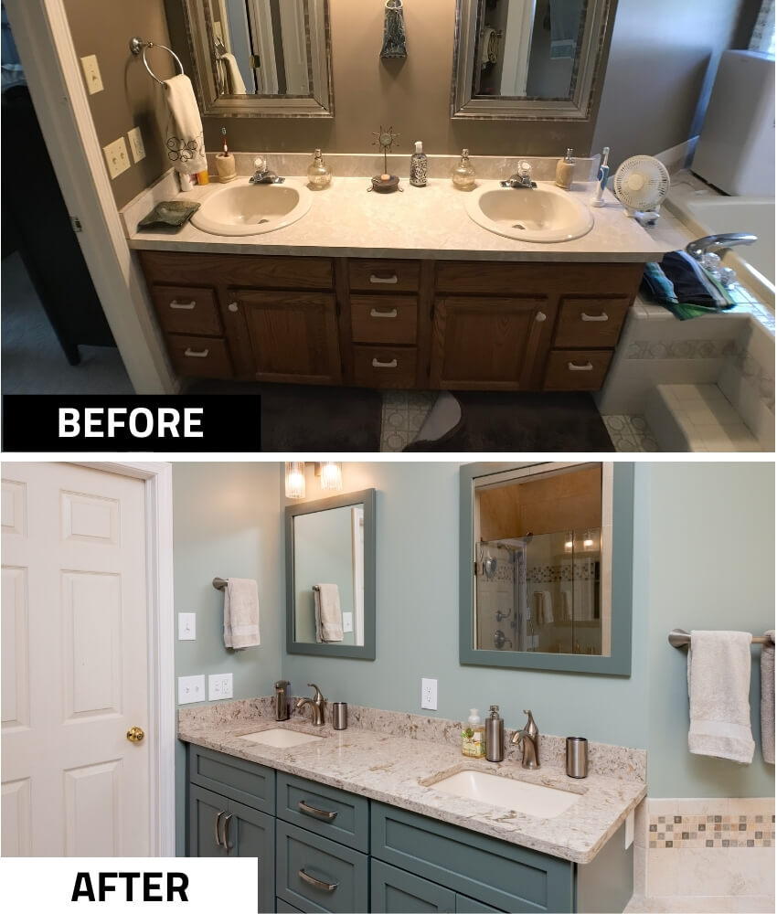 before and after bathroom remodel with updated double sink vanity by Odd Fellows Contracting Mason MI