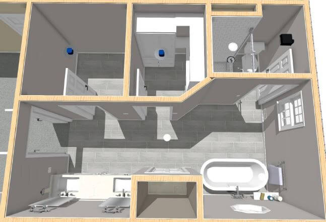 3D floor plan rendering for custom bathroom renovation by Odd Fellows Contracting Okemos MI