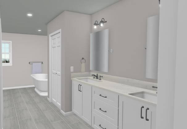 3D rendering of bathroom remodel design with double vanity by Odd Fellows Contracting in Okemos MI