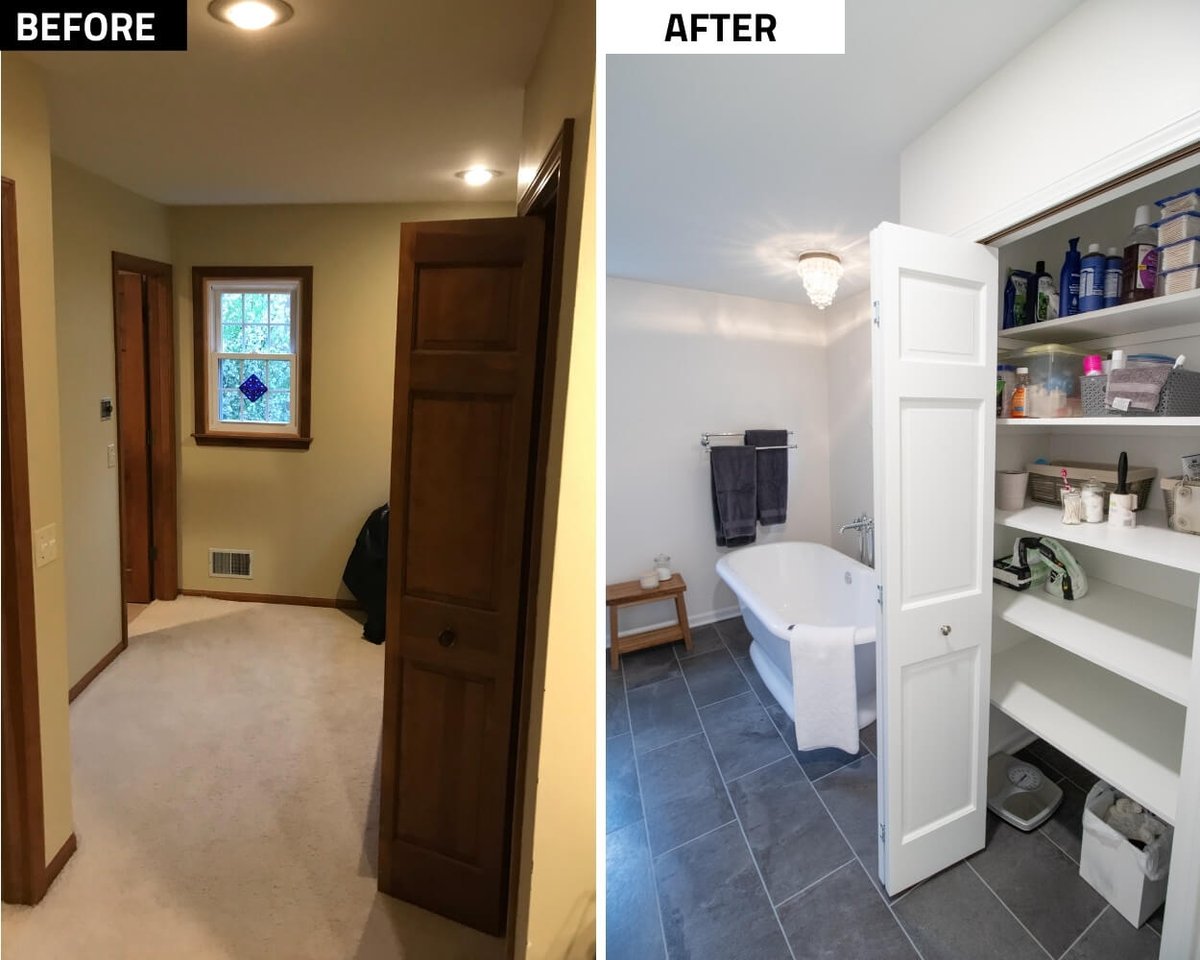 before and after bathroom remodel with freestanding tub by Odd Fellows Contracting in Okemos MI