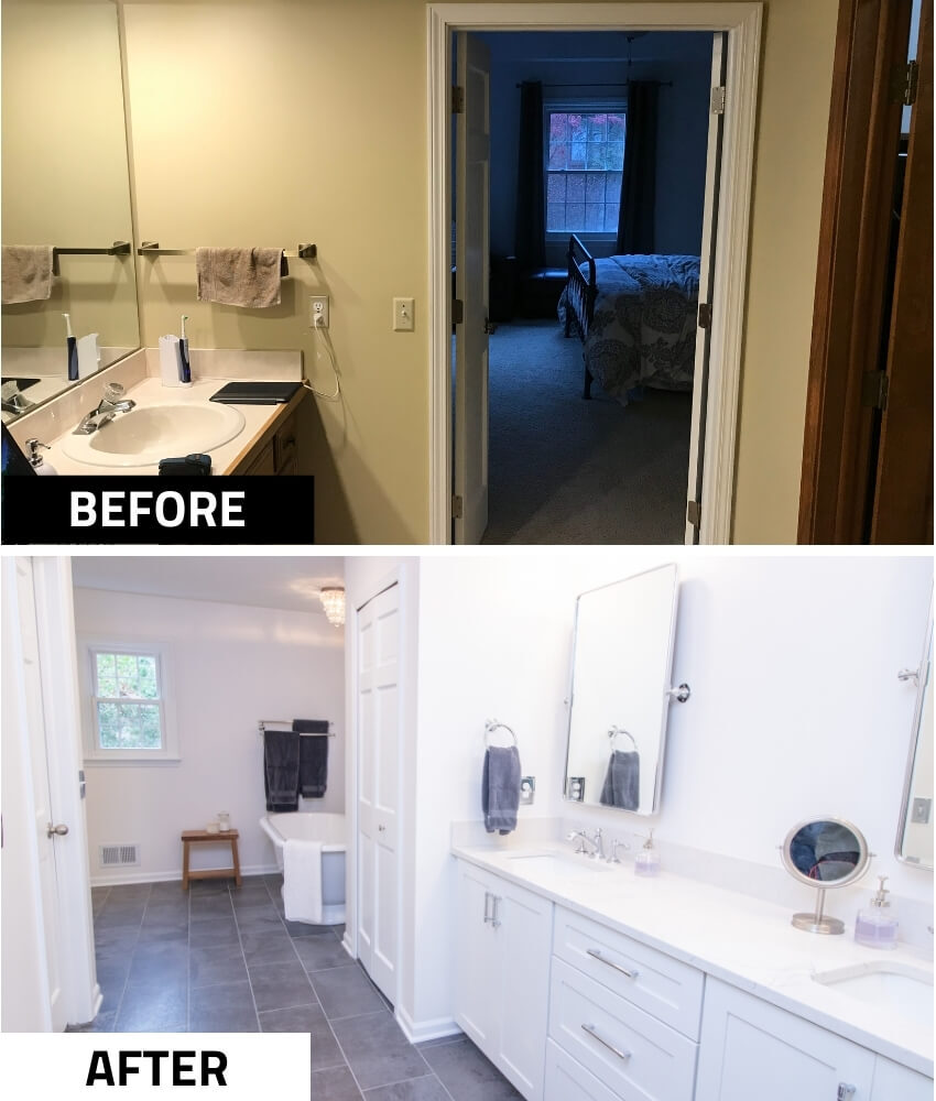 before and after bathroom vanity remodel with double sink by Odd Fellows Contracting in Okemos MI