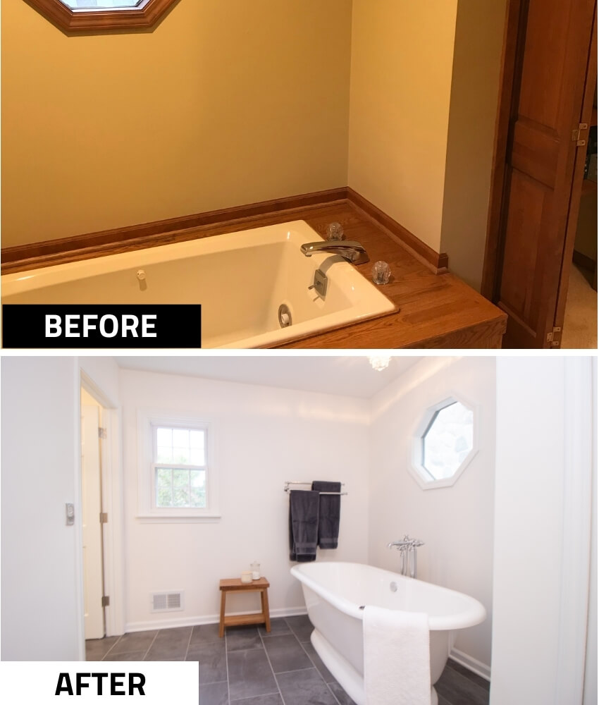 before and after bathtub area remodeled with freestanding tub by Odd Fellows Contracting in Okemos MI