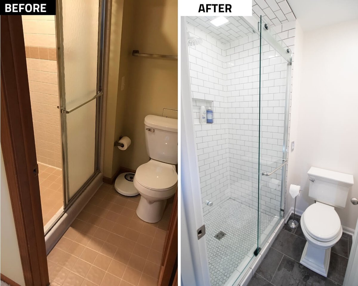 before and after shower remodel with glass door and subway tile by Odd Fellows Contracting in Okemos MI