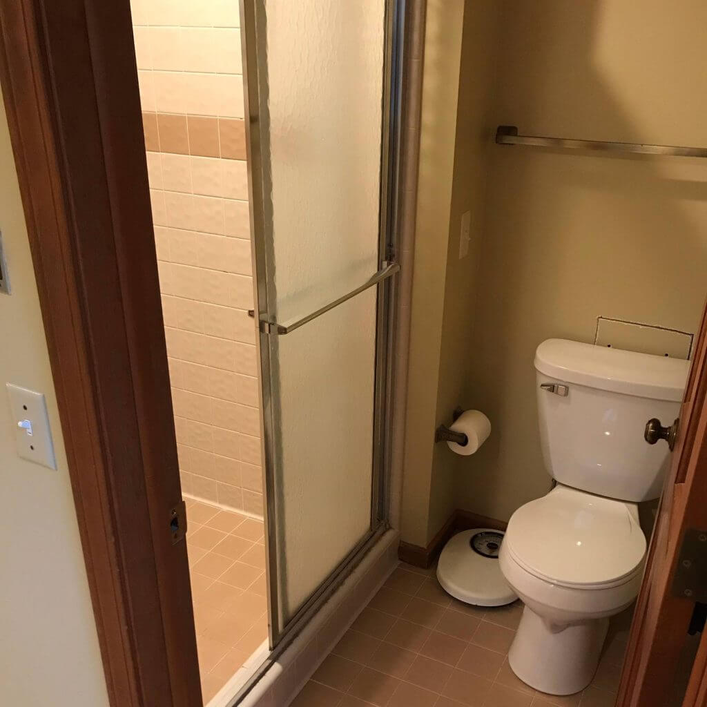 outdated bathroom shower before renovation by Odd Fellows Contracting Okemos MI