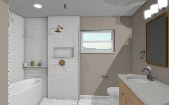 3D bathroom remodel rendering design for Lansing MI project by Odd Fellows Contracting