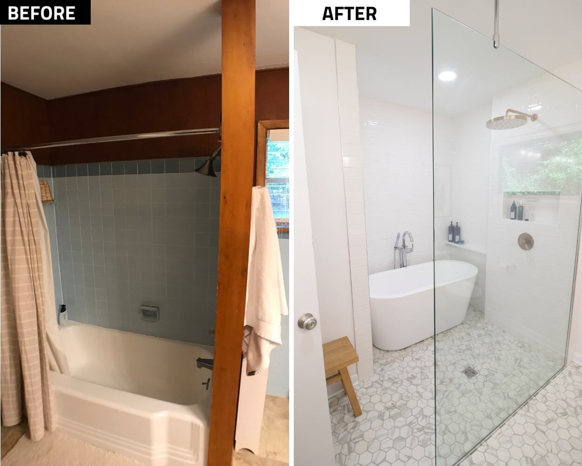Before and after bathroom remodel replacing tub with walk-in shower and freestanding tub by Odd Fellows Contracting in Lansing MI