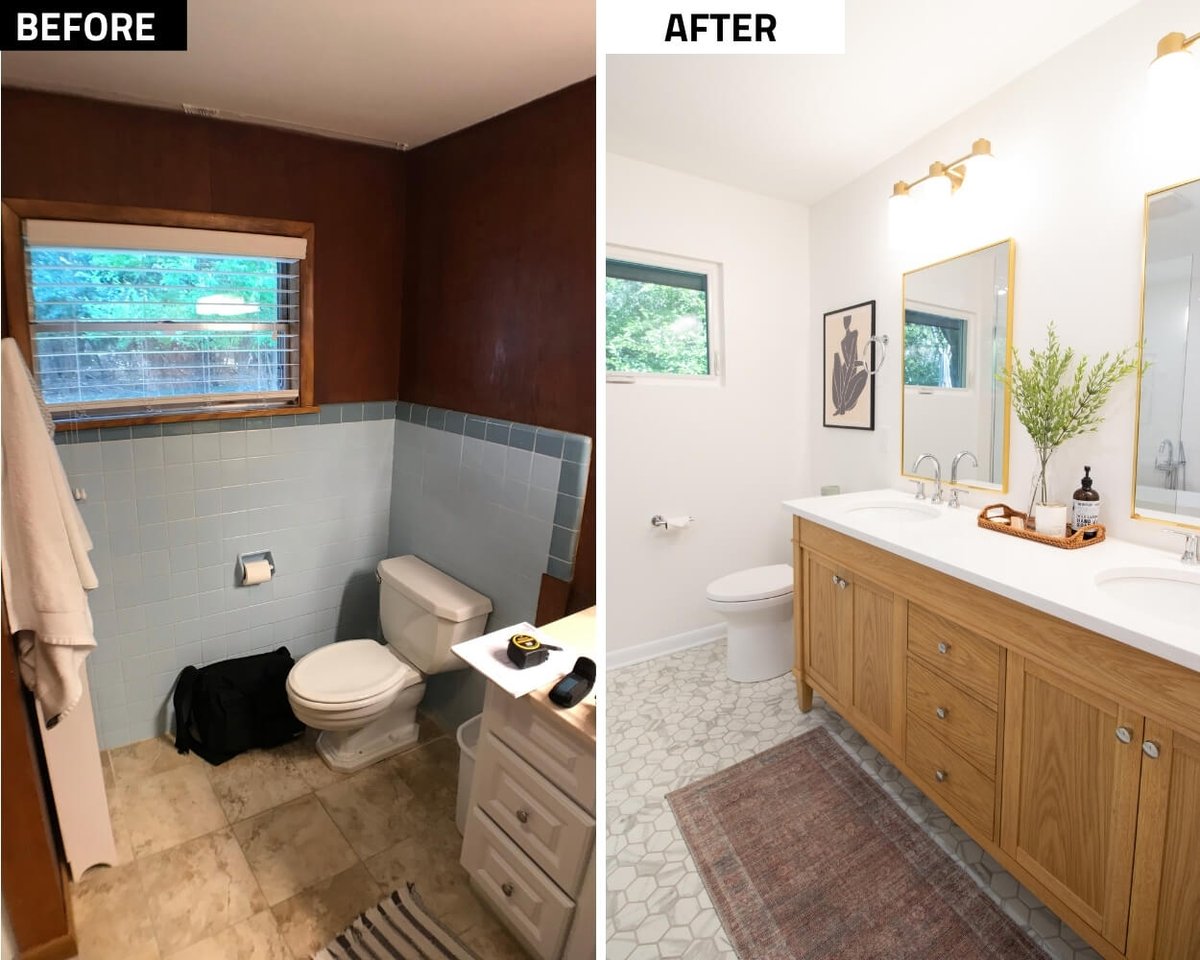 Before and after bathroom remodel with double vanity and modern finishes by Odd Fellows Contracting in Lansing MI