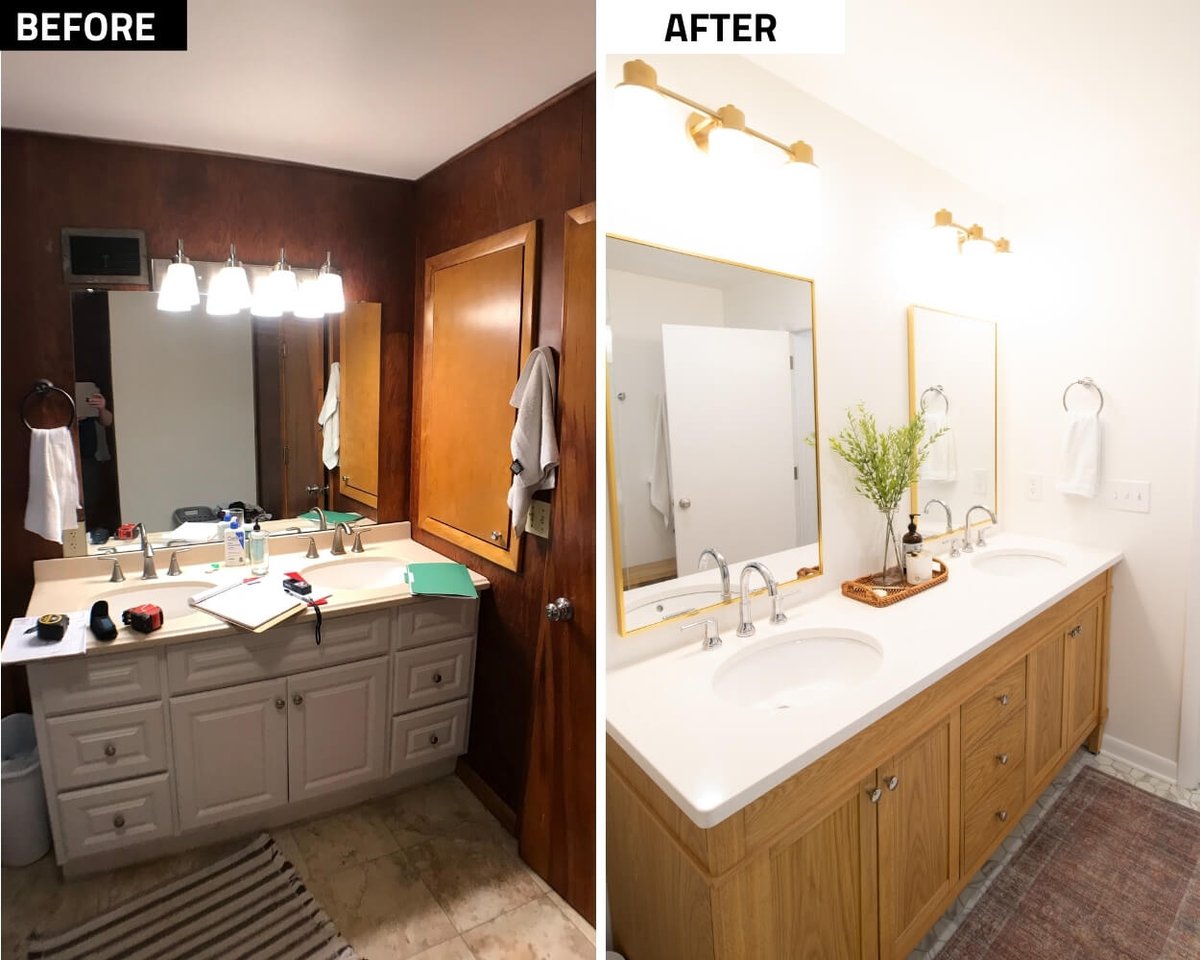 Before and after bathroom vanity remodel with double sink and wood cabinetry by Odd Fellows Contracting Lansing MI