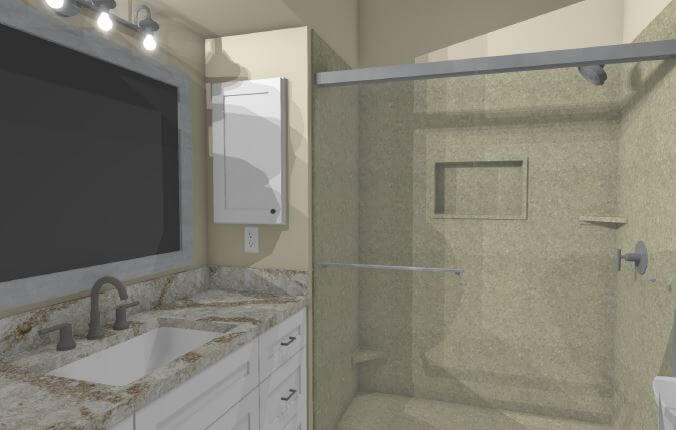 3D bathroom remodel concept showing updated vanity, lighting, and shower enclosure by Odd Fellows Contracting in Williamston, MI