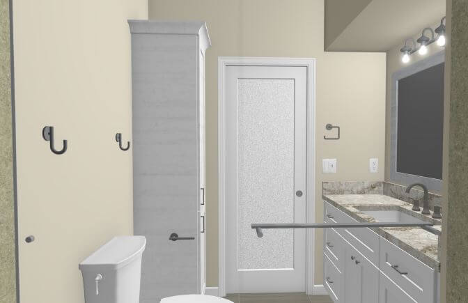 3D bathroom remodel rendering showing storage cabinet, vanity, and walk-in shower layout by Odd Fellows Contracting in Williamston, MI