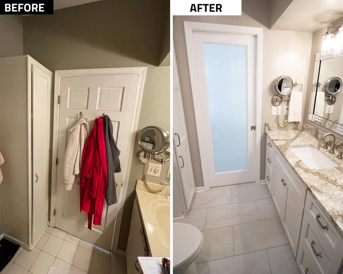 before and after bathroom remodel highlighting upgraded vanity, lighting, and walk-in shower by Odd Fellows Contracting in Williamston, MI