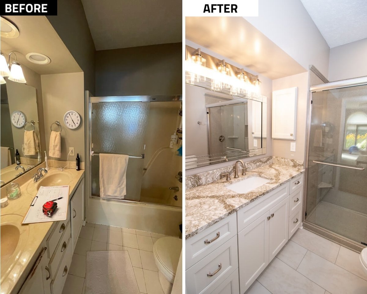 before and after bathroom remodel replacing outdated vanity and tub with modern shower and white shaker vanity by Odd Fellows Contracting in Williamston, MI
