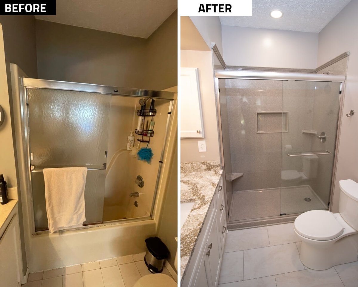 before and after bathroom remodel replacing tub with walk-in shower and updated vanity by Odd Fellows Contracting in Williamston, MI
