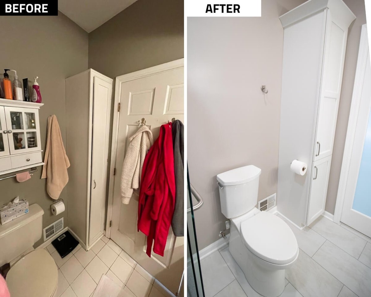 before and after bathroom remodel showing updated toilet area and built-in storage cabinet by Odd Fellows Contracting in Williamston, MI