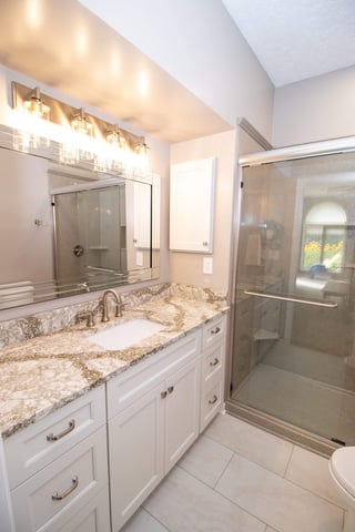 remodeled bathroom walk-in shower with glass enclosure and tile surround by Odd Fellows Contracting in Williamston, MI