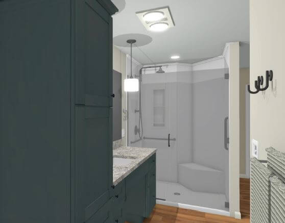 3D bathroom design rendering by Odd Fellows Contracting in Owosso MI showcasing shower and fixture plan