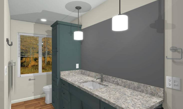 3D bathroom remodel rendering by Odd Fellows Contracting in Owosso MI with vanity and lighting design